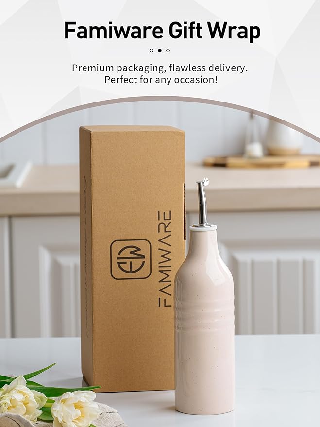 famiware Jupiter 16oz Ceramic Olive Oil Dispenser Bottle, Olive Oil and Vinegar Dispenser Bottle Set of 2 with Stainless Steel Pourers, Suitable for Storage Vinegar, Liquids, Light Pink-Ruum Studio Home