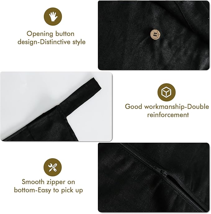 Linen Hanging Laundry Bag, 100% Linen Over The Door Laundry Hamper with Buttons and Zipper, Space Saving Door Hampers for Laundry Dirty Clothes Home Travel, Black-Ruum Studio Home