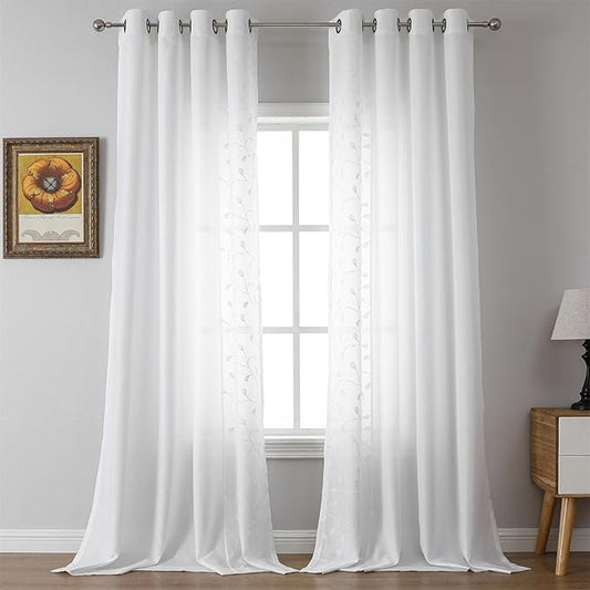 MIUCO Light Filtering Faux Linen Curtains, 84 Inches Long for Bedroom & Living Room, Pure White Floral Embroidered Solid Mix and Match, Semi Sheer Grommet Farmhouse Drapes, 2 Panels Set-Ruum Studio Home