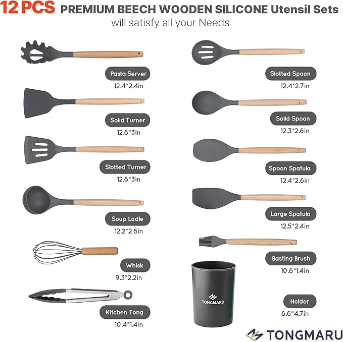 Silicone Cooking Utensils Set, Premium Beech Wood Handle Kitchen Gadgets Utensil Set, Non-Stick Kitchen Utensils Spatula, Tongs, Turner, Whisk, Brush, Spoon, BPA FREE, 446°F Resistant (Dark Gray)-Ruum Studio Home