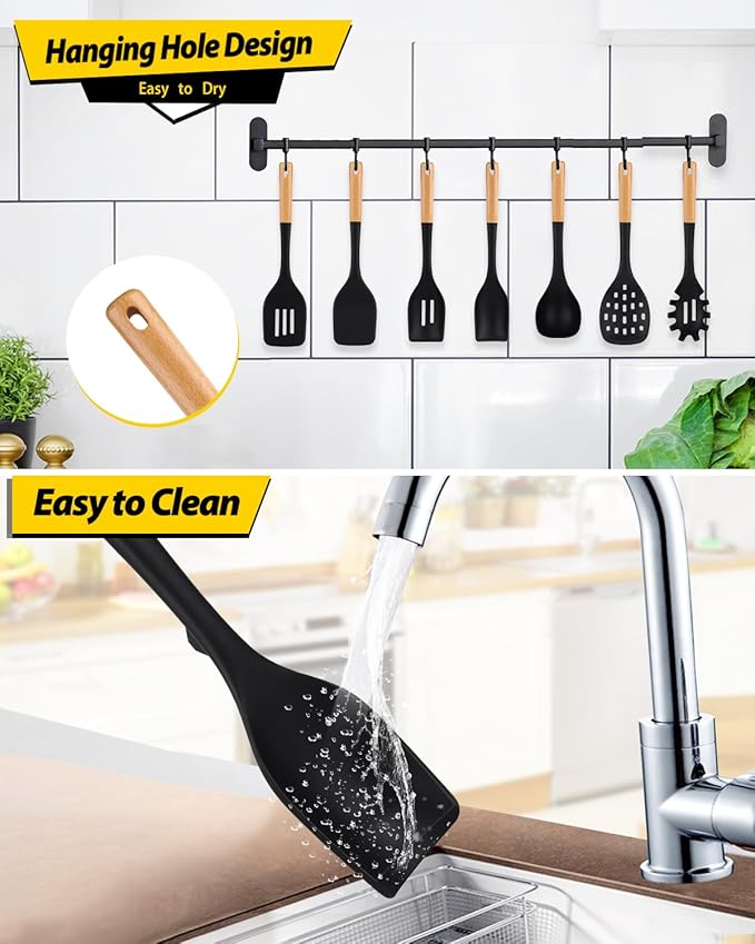 Silicone Kitchen Utensil Set for Non Stick Cookware, 7 Pcs Heat Resistant Cooking Utensils with Wooden Handle, BPA Free Kitchen Tools with Spatulas, Spoons, Skimmer and Pasta Fork (BLACK)-Ruum Studio Home