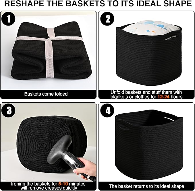 11 Inch Cube Storage Bins, Storage Cube Organizer Bins, Woven Cotton Rope Basket for Storage, Storage Baskets for Organizing Shelves, Square Baskets for Toys, Black (Pack of 3)-Ruum Studio Home