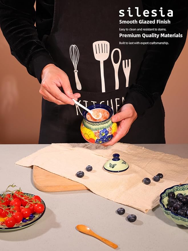 silesia Handmade Sugar Bowl with Lid and Spoon, 9 Ounce Ceramic Hand-Painted Sugar Jar for Home in Gift Box, Kitchen Decor, Oven, Dishwasher & Microwave Safe, Glazed Green-Ruum Studio Home