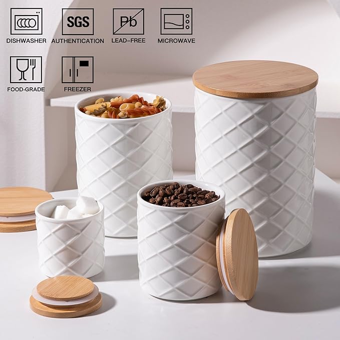 Sweejar Ceramic Canisters Sets for Kitchen Countertop, Relief Food Storage Jar with Bamboo Lid, Stackable Container for Flour, Coffee, Pasta, Cereal, Tea, Cookies, Sugar, Spices, Pack of 4 (White)-Ruum Studio Home