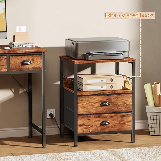 Furologee Night Stand with Charging Station, Bedside Table with Fabric Drawers, End Table with USB Ports & Outlets, Rustic Nightstand with Storage Shelf & Hooks, for Living Room/Bedroom, Rustic Brown-Ruum Studio Home