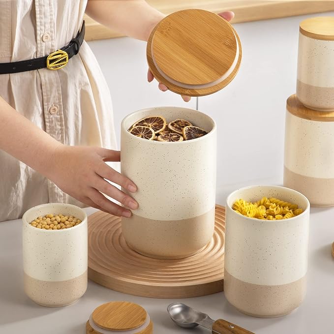 vancasso Sabine Large Ceramic Canister with Airtight Wood Lid - 74 oz Kitchen Food Storage Jar for Flour, Sugar, Coffee, Tea & Spices - Big Capacity Countertop Jar-Ruum Studio Home