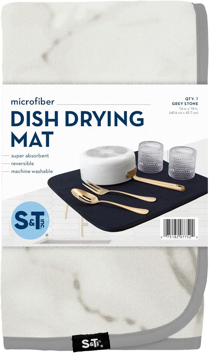 S&T INC. Dish Drying Mat, 16” x 18”, Absorbent Microfiber Kitchen Counter Mat, Dish Drying Pad for Dishes, Utensils, Pots and Pans, Large, Grey Stone-Ruum Studio Home