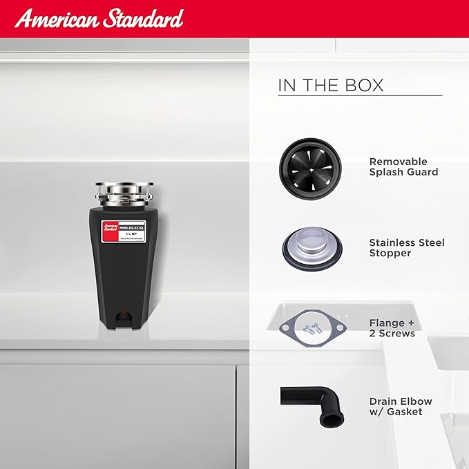 American Standard 10-US-AS-12-SL Garbage Disposal Anti-Jam Stainless Steel Food Waste Grinding System, Slim Line, 1.25 HP, Black-Ruum Studio Home