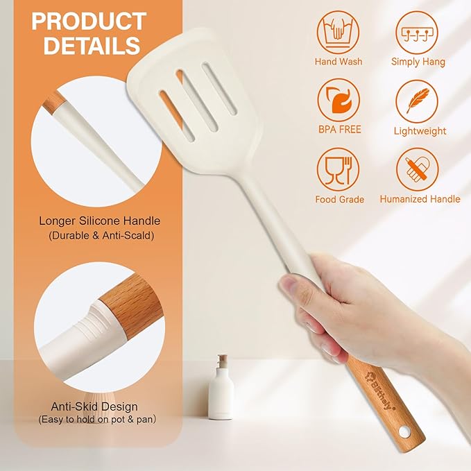 Silicone Cooking Utensils Set, 6 Pack Large Kitchen Utensils Set with Wooden Handle, Heat Resistant Silicone Utensil Spatula Set for Nonstick Cookware, Spatula, Turner, Spoon, Ladle BPA Free (White)-Ruum Studio Home