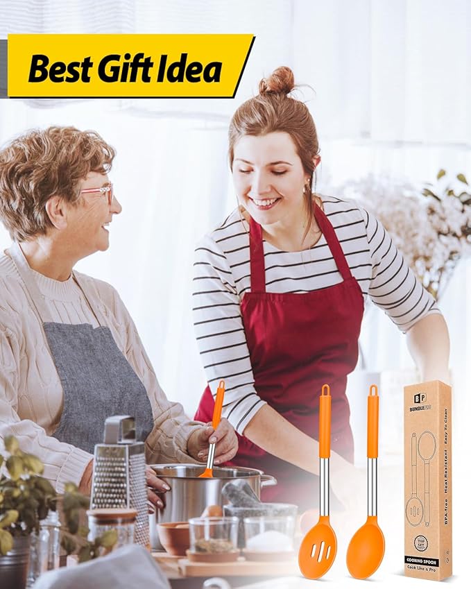 Pack of 2 Large Silicone Cooking Spoons,Non Stick Solid Basting Spoon,Heat-Resistant Kitchen Utensils for Mixing,Serving,Draining,Stirring (ORANGE)-Ruum Studio Home