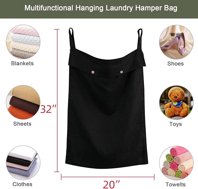 Linen Hanging Laundry Bag, 100% Linen Over The Door Laundry Hamper with Buttons and Zipper, Space Saving Door Hampers for Laundry Dirty Clothes Home Travel, Black-Ruum Studio Home