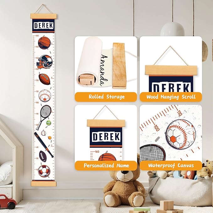 Personalized Name Growth Chart Wall Decor for Kids – Canvas Removable Height Chart Measuring Ruler 59" x 7.9" (Balls)-Ruum Studio Home