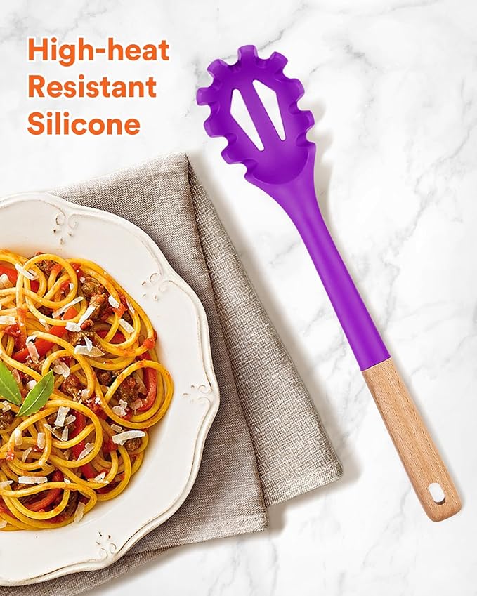 Silicone Pasta Fork, Kitchen Heat Resistant Noodle Spoon Server, BPA Free Spaghetti Strainer,12.8 inch (BERRY)-Ruum Studio Home