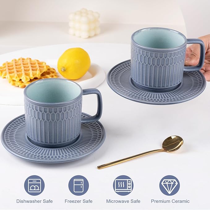 Large Cappuccino Cups with Saucers Set of 4, 8 Ounce Stackable Embossed Ceramic Coffee Mugs for Specialty Coffee Drinks, Latte, Cafe Mocha and Tea, Dishwasher & Microwave Safe (Blue)-Ruum Studio Home