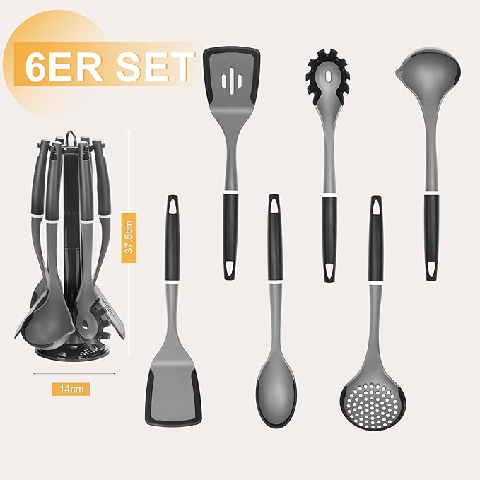 6-Piece Silicone Kitchen Utensil Set with Rotating Stand, Non-Stick, Heat-Resistant (400°F), Nylon Handle, Cooking Spatula Set for Baking & Cooking, Light Gray-Ruum Studio Home