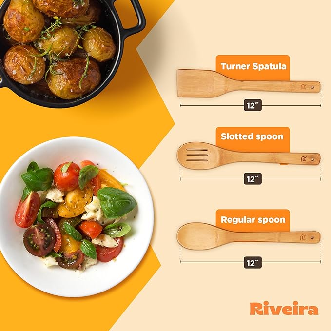 Riveira Bamboo Wooden Spoons for Cooking 3-Piece, Apartment Essentials Wood Spatula Spoon Nonstick Kitchen Utensil Set Premium Quality Housewarming Gifts for Everyday Use-Ruum Studio Home
