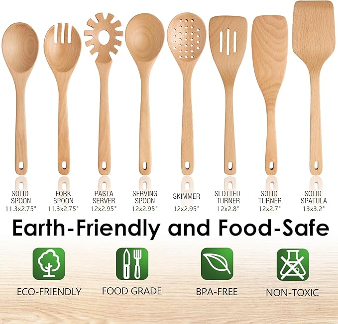 Wooden Spoons for Cooking, 8 Pcs Beech Wood Wooden Kitchen Cooking Spoon Utensil Tools Set Includes Spatula Skimmer Pasta Scoop Non-Stick Cookware Safe by HOWHONG-Ruum Studio Home