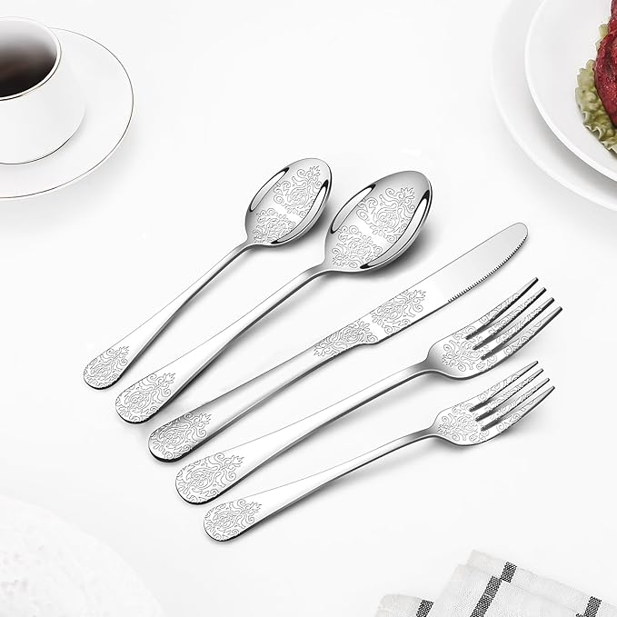 40 Pcs Silverware Set for 8 with Classical Flower Embossed Design, Food Grade Stainless Steel Flatware Set, Eating Utensils Sets Include Fork/Knife/Spoon, Reusable Cutlery Set, Dishwasher Safe-Ruum Studio Home