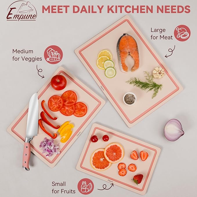 Empune Plastic Cutting Board Set, Recycled Plastic Cutting Boards for Kitchen (Set of 3), Dishwasher Safe Large Chopping Board with Holder, Non-slip Feet and Juice Grooves, Nonporous, Pink-Ruum Studio Home