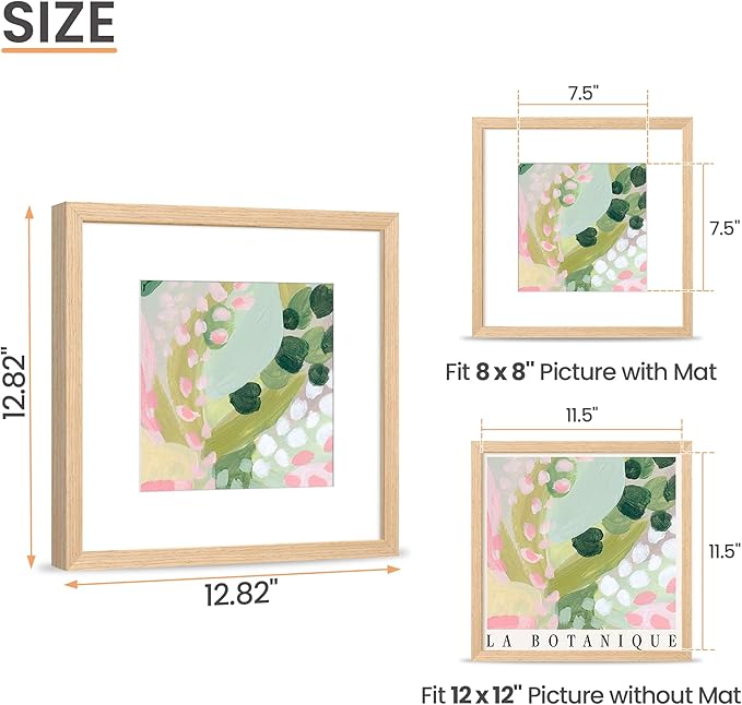 upsimples 12x12 Frame, Natural Solid Wooden Picture Frames, Display 8x8 with Mat or 12 x 12 Without Mat, Wall or Tabletop, 1 Pack, Natural