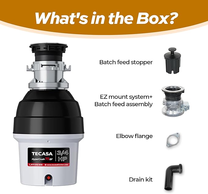3/4 HP Batch Feed Garbage Disposal, TECASA Stainless Steel Food Waste Grinding System for Kitchen Sink Food Waste, Power Cord Included, Sound Reduction, Grey and Black - HyperCrush 75 BF-Ruum Studio Home