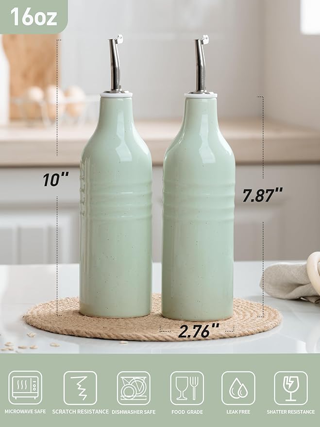famiware Jupiter 16oz Ceramic Olive Oil Dispenser Bottle, Olive Oil and Vinegar Dispenser Bottle Set of 2 with Stainless Steel Pourers, Suitable for Storage Vinegar, Liquids, Light Green-Ruum Studio Home