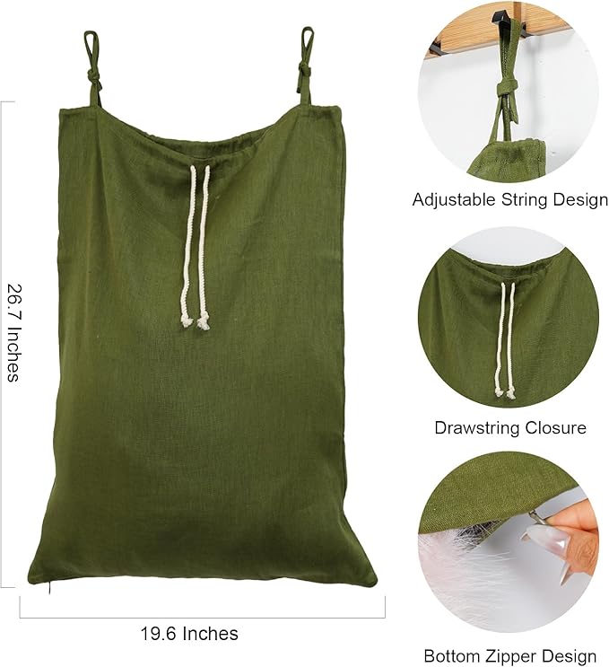 Linen Hanging Laundry Bag, Over The Door Laundry Hamper for Dirty Clothes, Drawstring Closure with Bottom Zipper, Army Green-Ruum Studio Home
