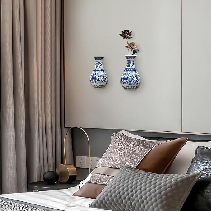 Set of Two Blue and White Porcelain Wall Vases for Flowers – Handmade Chinoiserie Ceramic Wall Mounted Flower Vase, Decorative Hanging Vases for Living Room, Bookshelf & Indoor Décor-Ruum Studio Home