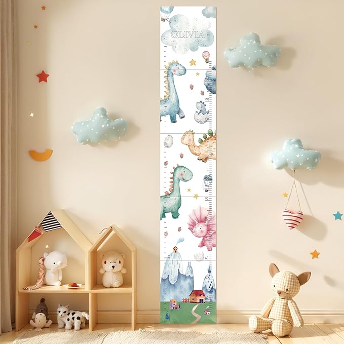 Personalized Name Growth Chart for Kids, Watercolor Dinosaur Height Measurement Chart for Children's Growth, Suitable for Both Boys and Girls, Removable and Easy to Store, Lightweight-Ruum Studio Home