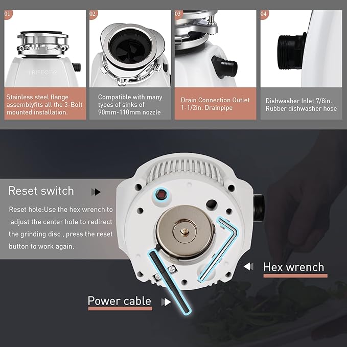 Trifecte Pro 3/4 HP Garbage Disposals with Sound Reduction,Food Waste Coutinuous Feed Garbage Disposal with Power Cord, Dishwasher Hook Up,3800RPM,White-Ruum Studio Home