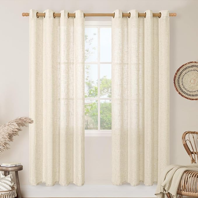 LAMIT Semi Sheer Linen Curtains for Living Room, 80 Inch Length, Light Filtering Panels Bronze Grommet Faux Linen Textured Window Drapes for Bedroom/Porch, Beige, 52 x 80 Inch, 2 Panels-Ruum Studio Home