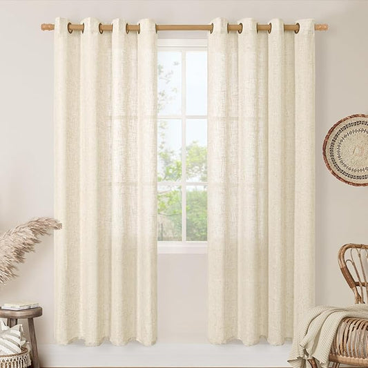 LAMIT Semi Sheer Linen Curtains for Living Room, 80 Inch Length, Light Filtering Panels Bronze Grommet Faux Linen Textured Window Drapes for Bedroom/Porch, Beige, 52 x 80 Inch, 2 Panels-Ruum Studio Home