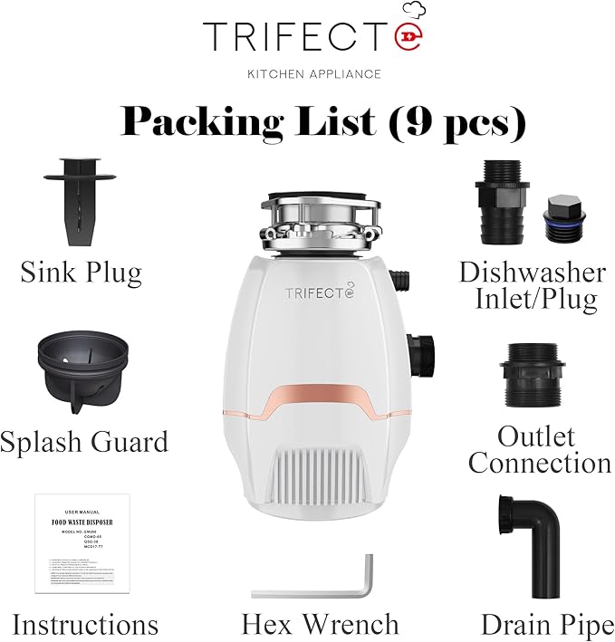 Trifecte Pro 3/4 HP Garbage Disposals with Sound Reduction,Food Waste Coutinuous Feed Garbage Disposal with Power Cord, Dishwasher Hook Up,3800RPM,White-Ruum Studio Home