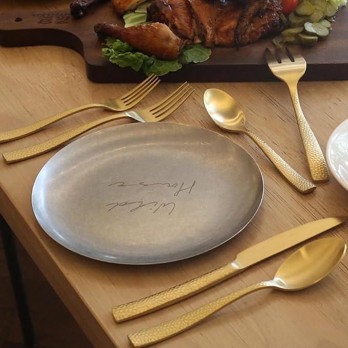 Silverware 45-Piece Matte Gold Hammered Flatware Set with Serving Utensils, Stainless Steel Thick Handle Matte Polished Cutlery Set for Wedding Hotel Restaurant, Service for 8