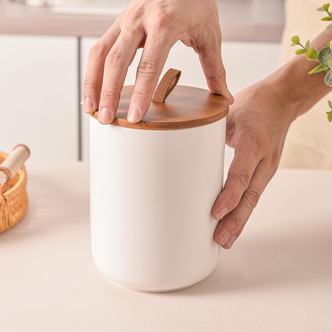 White Ceramic Canister Set with Bamboo Lids, 3-Piece Airtight Food Storage Jars for Kitchen - Flour, Sugar, Coffee, Tea, Spice - Small, Medium, Large Sizes-Ruum Studio Home