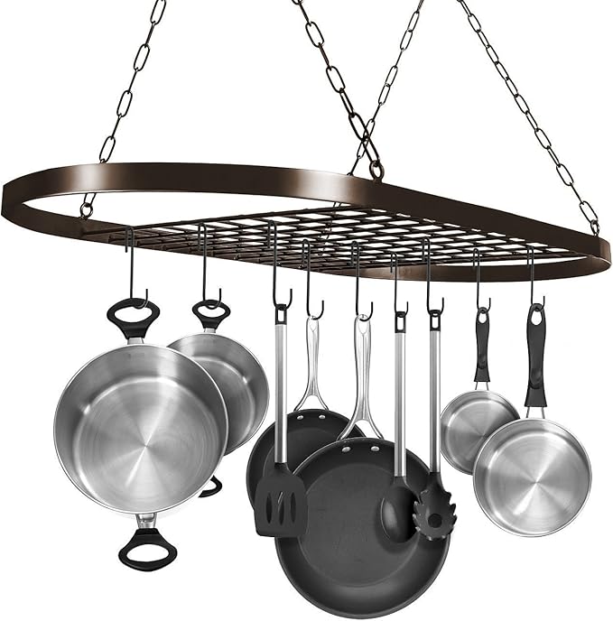 Sorbus Pot and Pan Rack for Ceiling 31" with 10 S Hooks — Decorative Oval Mounted Storage Rack — Multi-Purpose Organizer Great for Home, Restaurant, Kitchen Cookware, Utensils, Books, (Bronze)-Ruum Studio Home