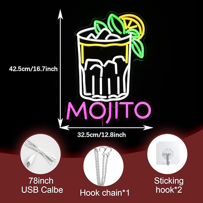 Mojito Neon Sign Mojito Cocktail Neon Light for Wall Decor Dimmable LED USB Powered Mojito Light Up Sign for Bar Club Party Home Bar Man Cave Living Room (16.7 * 12.8In)