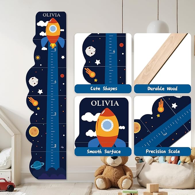 Personalized Name Growth Chart for Wall, Rocket Wood Height Chart for Kids, Height Measurement for Wall, Boy Girls Height Wall Chart Growth Measuring Ruler, Toddler Playroom Decor-Ruum Studio Home