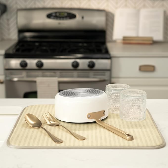S&T INC. Dish Drying Mat, 16” x 18”, Absorbent Microfiber Kitchen Counter Mat, Dish Drying Pad for Dishes, Utensils, Pots and Pans, Large, Cream Distressed Lines-Ruum Studio Home