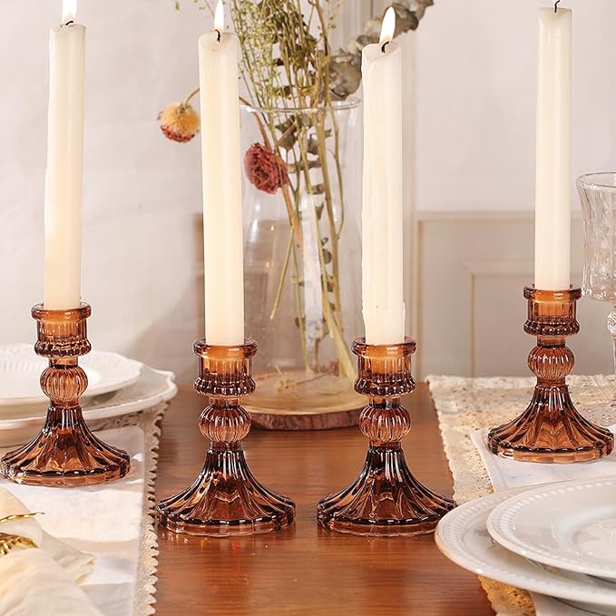 12PCS Amber Candlestick Holders Set- 4" H Taper Candle Holders, Glass Candle Holders Bulk for Wedding, Party, Fall Home Table Centerpieces, Festival Gifts & Windowsill Decor-Ruum Studio Home