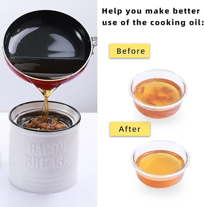 Ceramic Bacon Grease Container Keeper with Strainer,1L Frying Oil Storage Can White-Ruum Studio Home