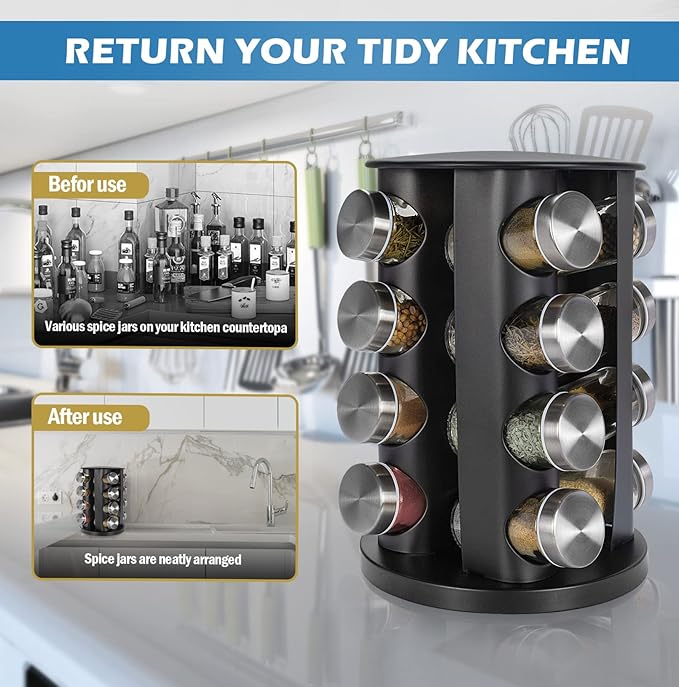 Black Countertop Rotating Spice Rack, 16-Jars Revolving Spice Rack Organizer Tower, 135 Spice Labels with Funnel Complete Set, Seasoning Organizer for Kitchen Countertop, Cabinet-Ruum Studio Home