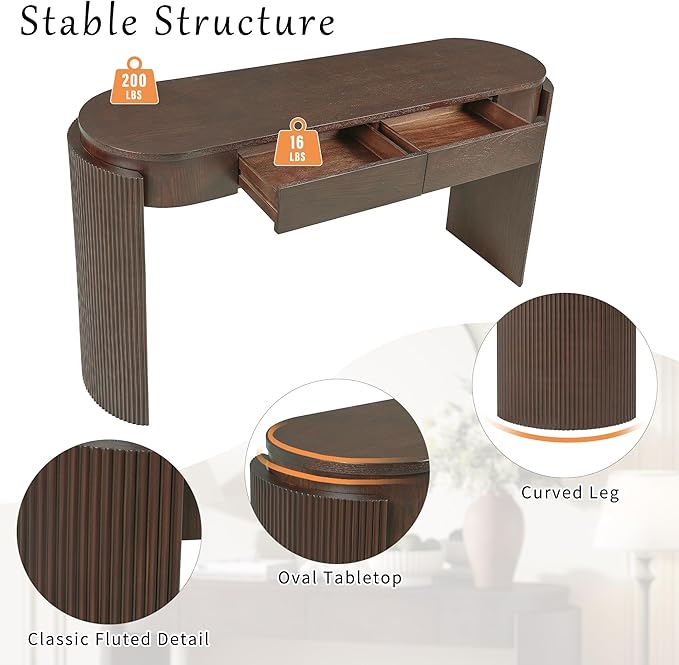 55" Sofa Table with Oval Top and 2 Drawers, Entryway Console Table with Fluted Design for Hallway,Foyer,Entry and Living Room (Fully Assembled-Espresso)-Ruum Studio Home