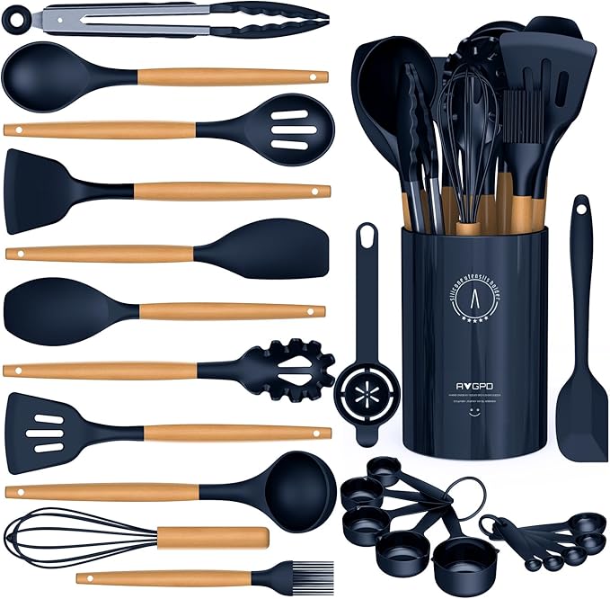 Silicone Cooking Utensils Set - Silicone Kitchen Utensils for Cooking Wooden Handles, 446°F Heat Resistant Kitchen Utensil Spatula Sets w Holder, Gadgets for Non-Stick Cookware BPA FREE (Navy Blue)-Ruum Studio Home