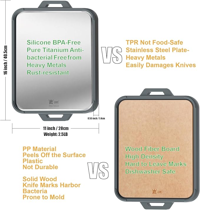 GUANCI Pure Titanium Cutting Board, Double Sided Cutting Board for Kitchen, Pure Titanium/Wood Fiber Composite with Juice Groove Dishwasher Safe 16"L x 11"W-Ruum Studio Home