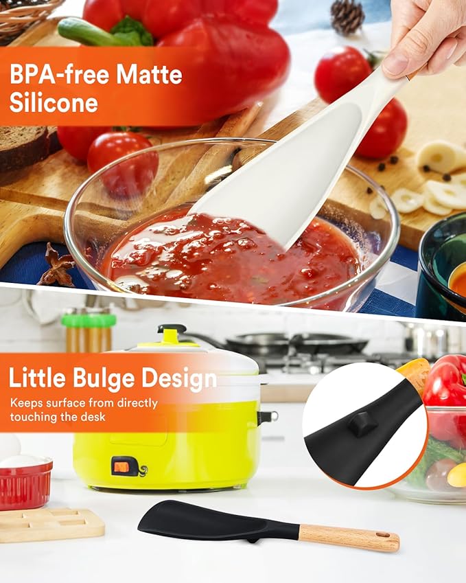 Cooking Spoon for Nonstick Cookwares, Great for Cooking and Serving Sturdy BPA-Free Matte Silicone, Wood Handle Spoon for Mixing, Scoop, and Scrape (Black & White, 11.4 inch)-Ruum Studio Home