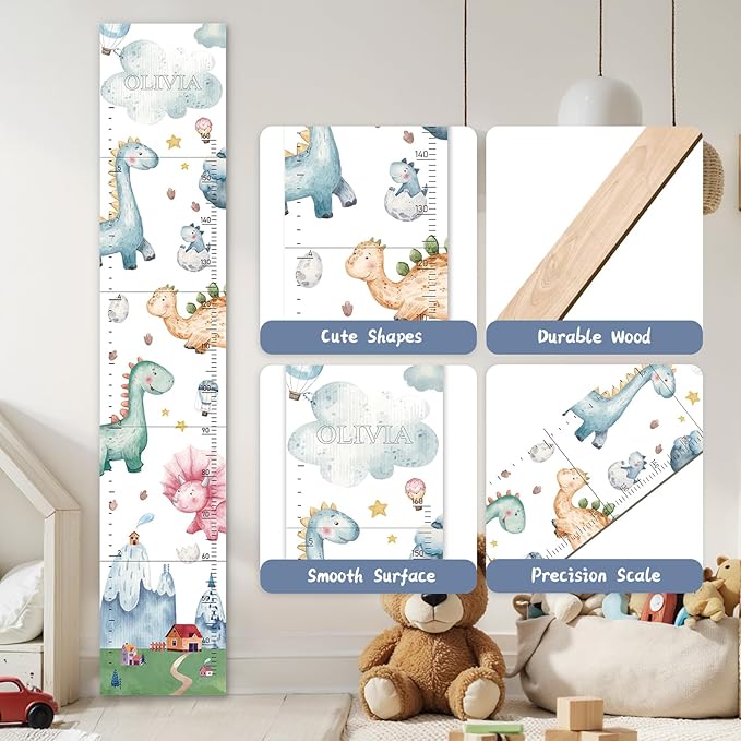 Personalized Name Growth Chart for Kids, Watercolor Dinosaur Height Measurement Chart for Children's Growth, Suitable for Both Boys and Girls, Removable and Easy to Store, Lightweight-Ruum Studio Home