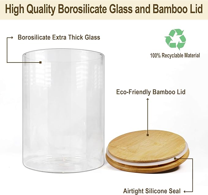 Glass Jars with Bamboo Lids, Glass Food Jars and Canisters Sets, Flour Jar, Large Food Canister with airtight lids, Flour Storage Container, Pantry Jars, 100oz-Ruum Studio Home