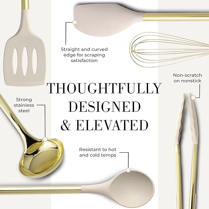 7-Piece Beige & Gold Kitchen Utensils Set – Non-Toxic Silicone & Stainless Steel Tools for Cooking, Serving, & Hosting – Ideal for Nonstick Cookware & Modern Kitchens, with Gold Utensil Holder-Ruum Studio Home