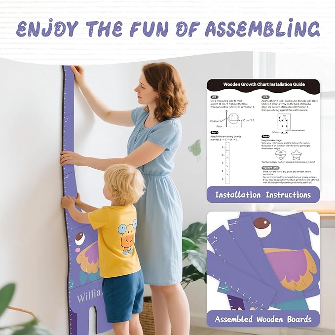 Personalized Name Growth Chart for Kids, Elephant Patchwork Wooden Height Chart for Wall Decor, Custom Height Ruler, Baby Boy Girl Measurement Ruler for Bedroom Playroom, Easy to Mark-Ruum Studio Home